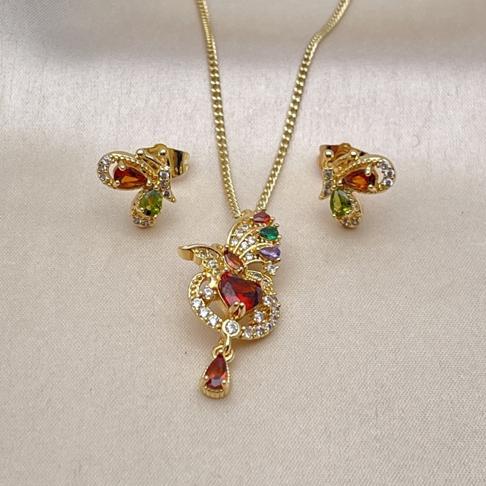 Oro Laminado Earring and Pendant Adult Set, Gold Filled Style Butterfly and Heart Design, with Multicolor and White Cubic Zirconia, Polished, Golden Finish