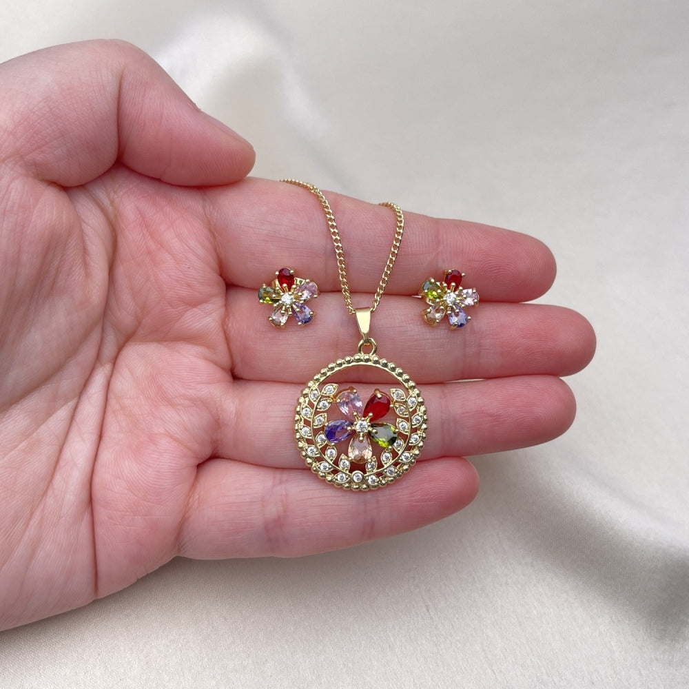Oro Laminado Earring and Pendant Adult Set, Gold Filled Style Flower Design, with Multicolor and White Cubic Zirconia, Polished, Golden Finish