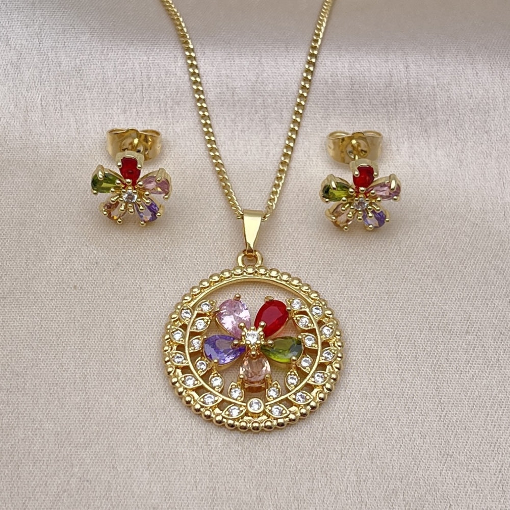 Oro Laminado Earring and Pendant Adult Set, Gold Filled Style Flower Design, with Multicolor and White Cubic Zirconia, Polished, Golden Finish