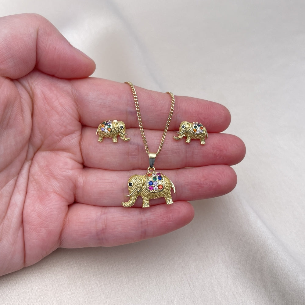 Oro Laminado Earring and Pendant Adult Set, Gold Filled Style Elephant Design, with Multicolor Micro Pave, Matte Finish, Golden Finish