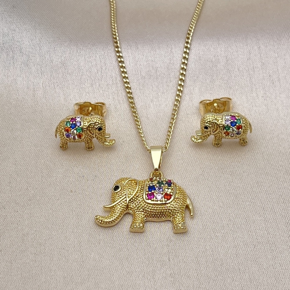 Oro Laminado Earring and Pendant Adult Set, Gold Filled Style Elephant Design, with Multicolor Micro Pave, Matte Finish, Golden Finish