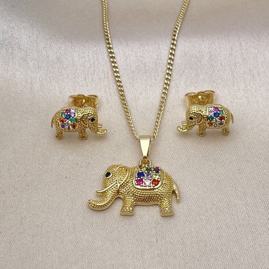 Oro Laminado Earring and Pendant Adult Set, Gold Filled Style Elephant Design, with Multicolor Micro Pave, Matte Finish, Golden Finish