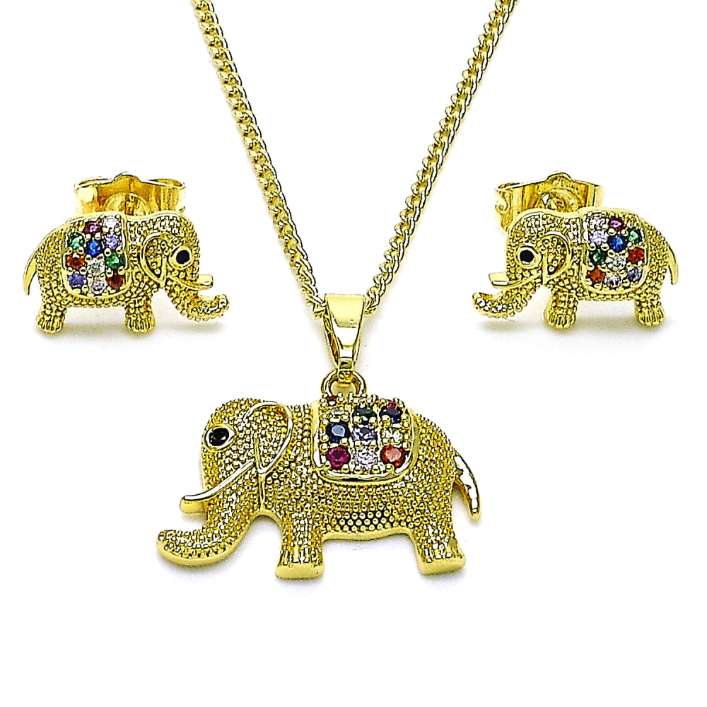 Oro Laminado Earring and Pendant Adult Set, Gold Filled Style Elephant Design, with Multicolor Micro Pave, Matte Finish, Golden Finish