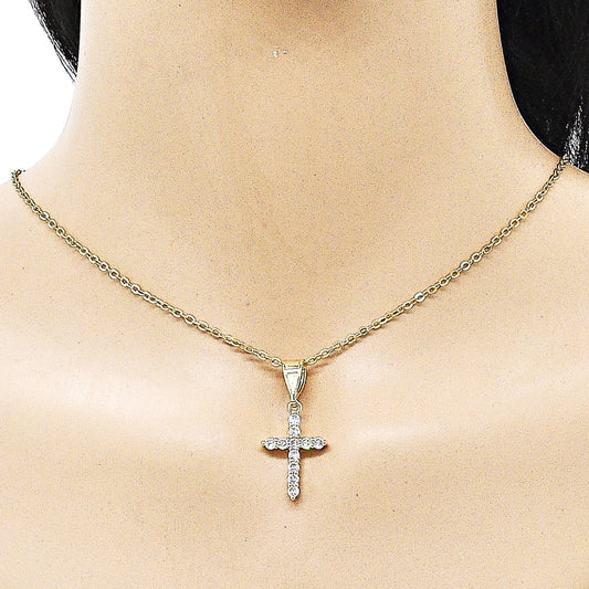 Oro Laminado Religious Pendant, Gold Filled Style Cross Design, with White Cubic Zirconia, Polished, Golden Finish