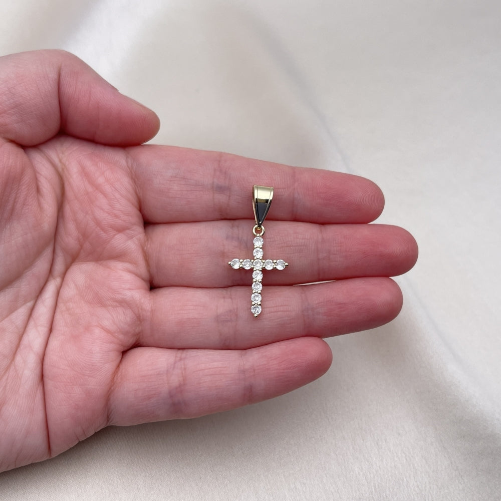 Oro Laminado Religious Pendant, Gold Filled Style Cross Design, with White Cubic Zirconia, Polished, Golden Finish