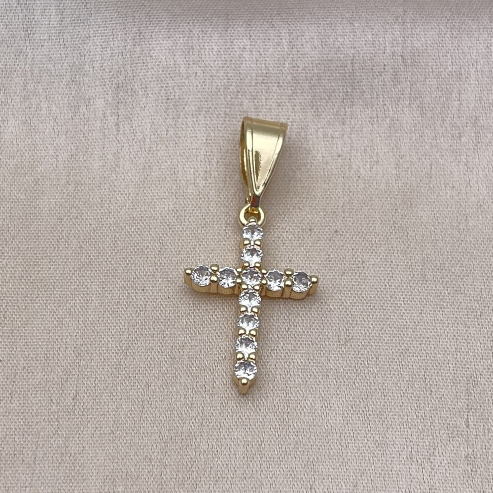 Oro Laminado Religious Pendant, Gold Filled Style Cross Design, with White Cubic Zirconia, Polished, Golden Finish