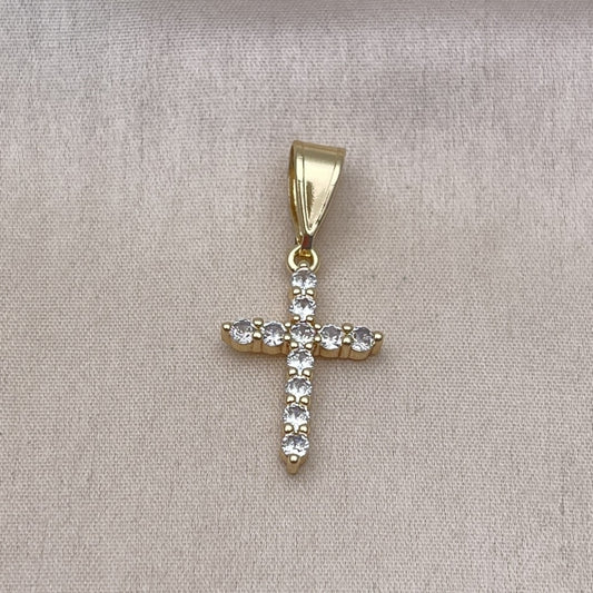 Oro Laminado Religious Pendant, Gold Filled Style Cross Design, with White Cubic Zirconia, Polished, Golden Finish