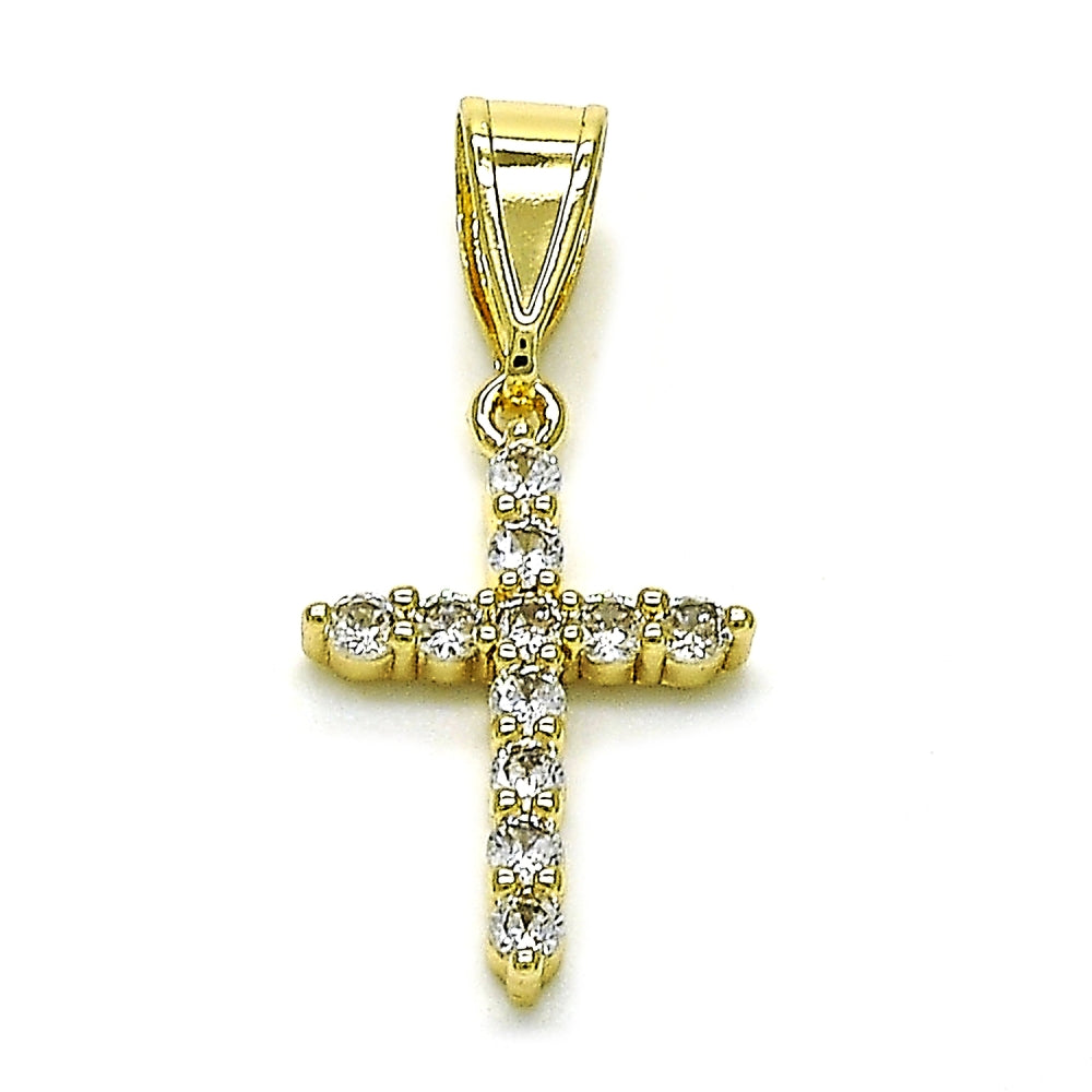 Oro Laminado Religious Pendant, Gold Filled Style Cross Design, with White Cubic Zirconia, Polished, Golden Finish
