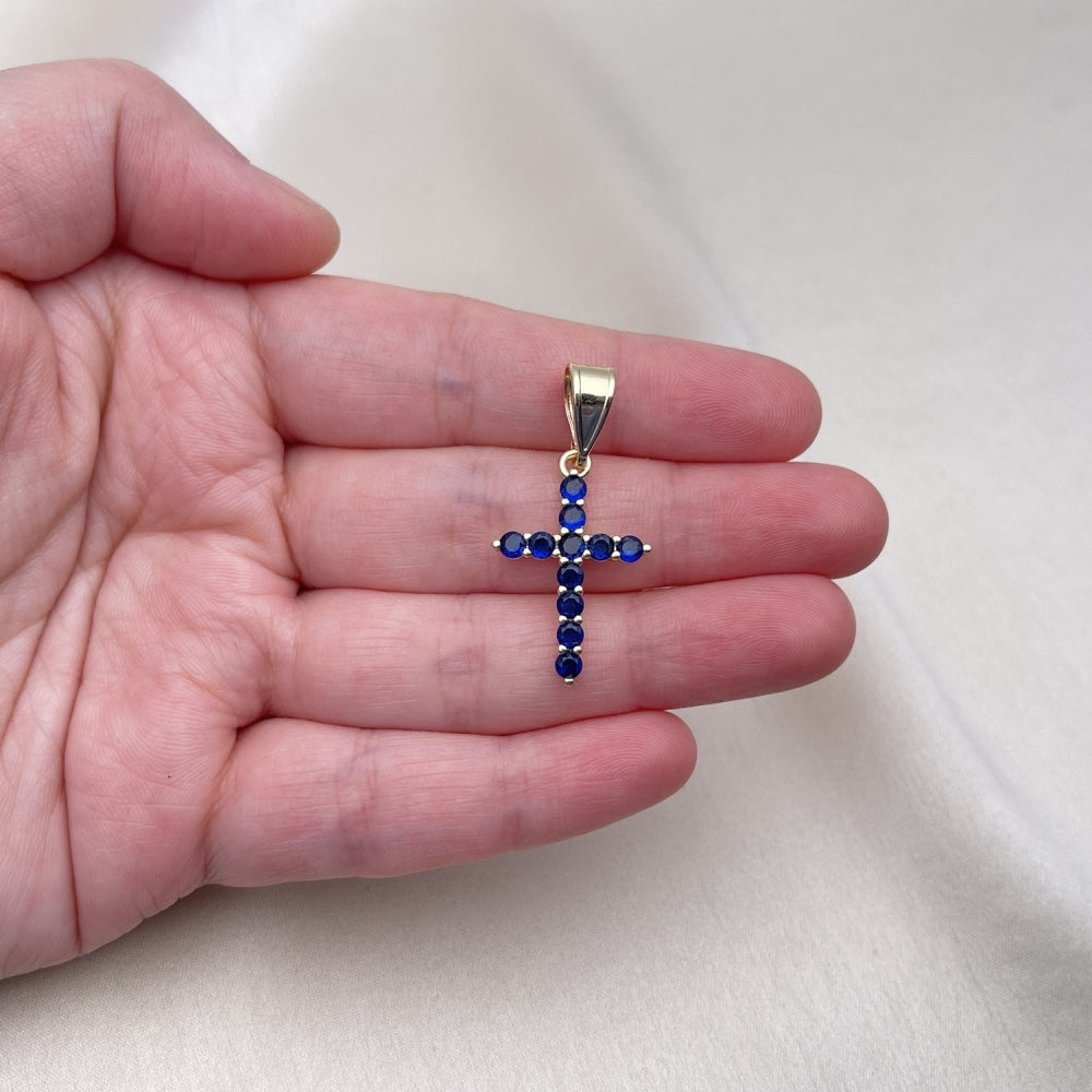Oro Laminado Religious Pendant, Gold Filled Style Cross Design, with Sapphire Blue Cubic Zirconia, Polished, Golden Finish
