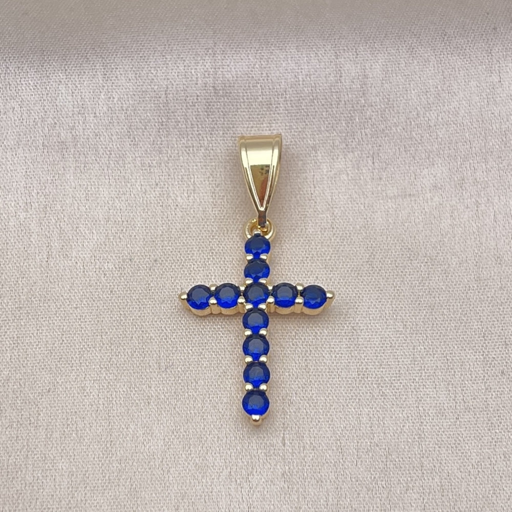Oro Laminado Religious Pendant, Gold Filled Style Cross Design, with Sapphire Blue Cubic Zirconia, Polished, Golden Finish