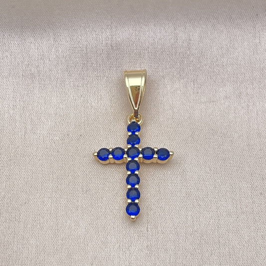 Oro Laminado Religious Pendant, Gold Filled Style Cross Design, with Sapphire Blue Cubic Zirconia, Polished, Golden Finish