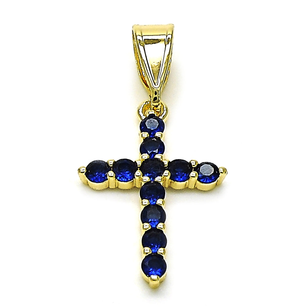 Oro Laminado Religious Pendant, Gold Filled Style Cross Design, with Sapphire Blue Cubic Zirconia, Polished, Golden Finish