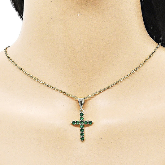 Oro Laminado Religious Pendant, Gold Filled Style Cross Design, with Green Cubic Zirconia, Polished, Golden Finish