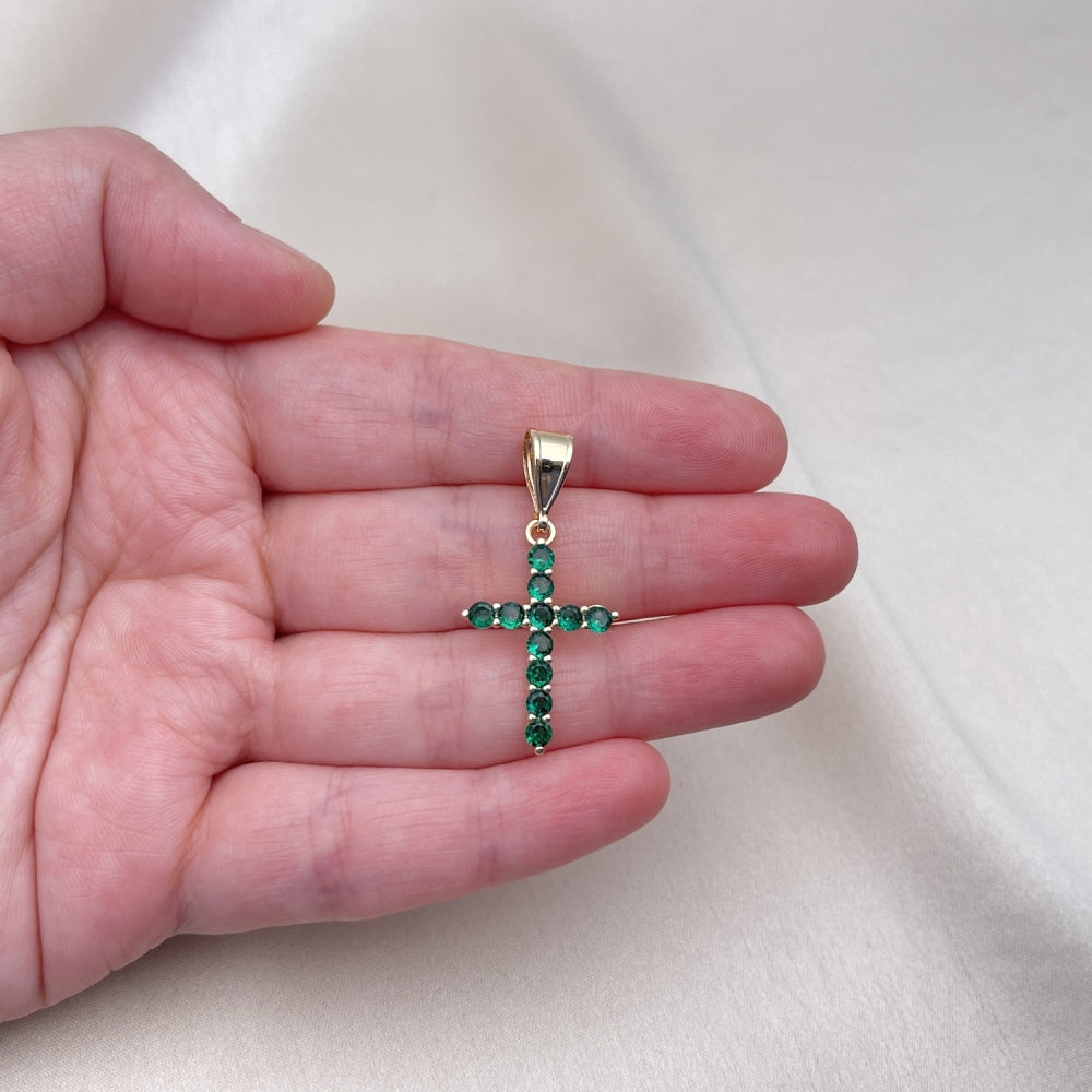 Oro Laminado Religious Pendant, Gold Filled Style Cross Design, with Green Cubic Zirconia, Polished, Golden Finish