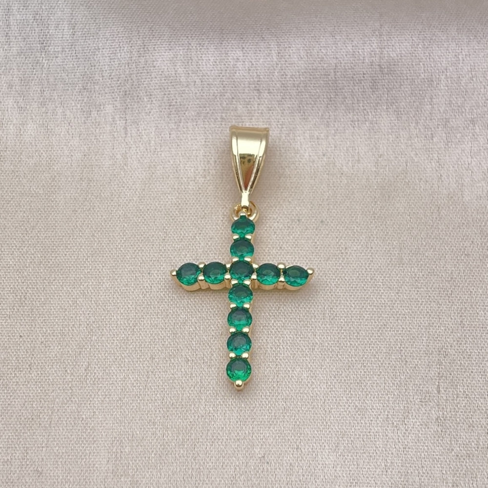 Oro Laminado Religious Pendant, Gold Filled Style Cross Design, with Green Cubic Zirconia, Polished, Golden Finish