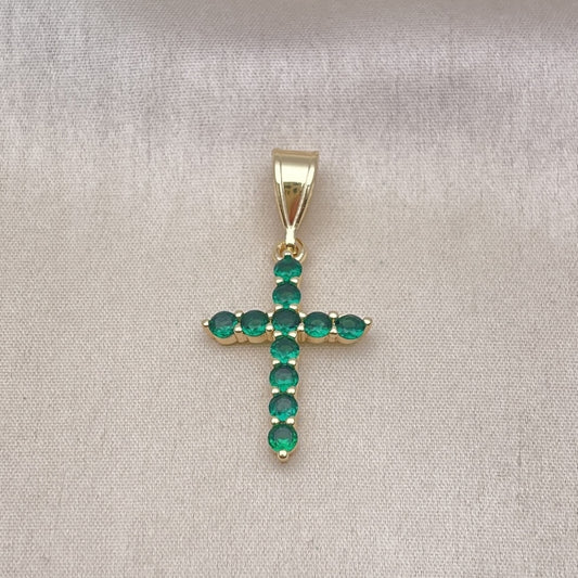 Oro Laminado Religious Pendant, Gold Filled Style Cross Design, with Green Cubic Zirconia, Polished, Golden Finish