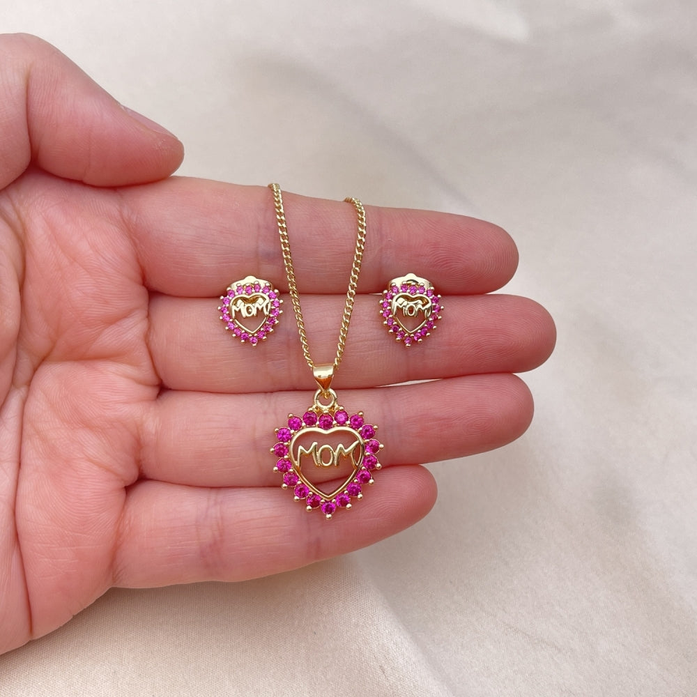 Oro Laminado Earring and Pendant Adult Set, Gold Filled Style Mom and Heart Design, with Ruby Cubic Zirconia, Polished, Golden Finish