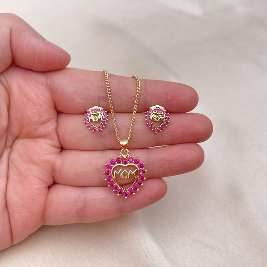 Oro Laminado Earring and Pendant Adult Set, Gold Filled Style Mom and Heart Design, with Ruby Cubic Zirconia, Polished, Golden Finish