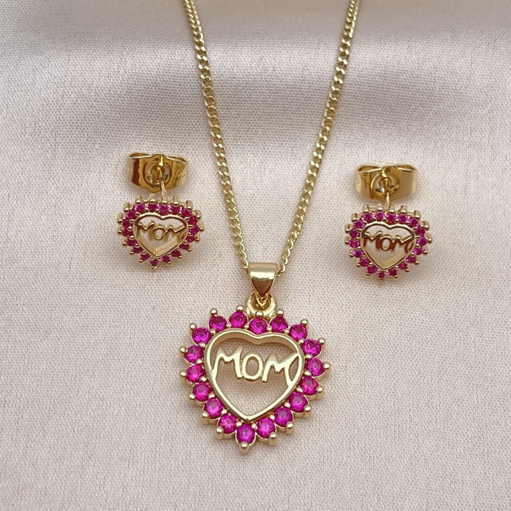 Oro Laminado Earring and Pendant Adult Set, Gold Filled Style Mom and Heart Design, with Ruby Cubic Zirconia, Polished, Golden Finish