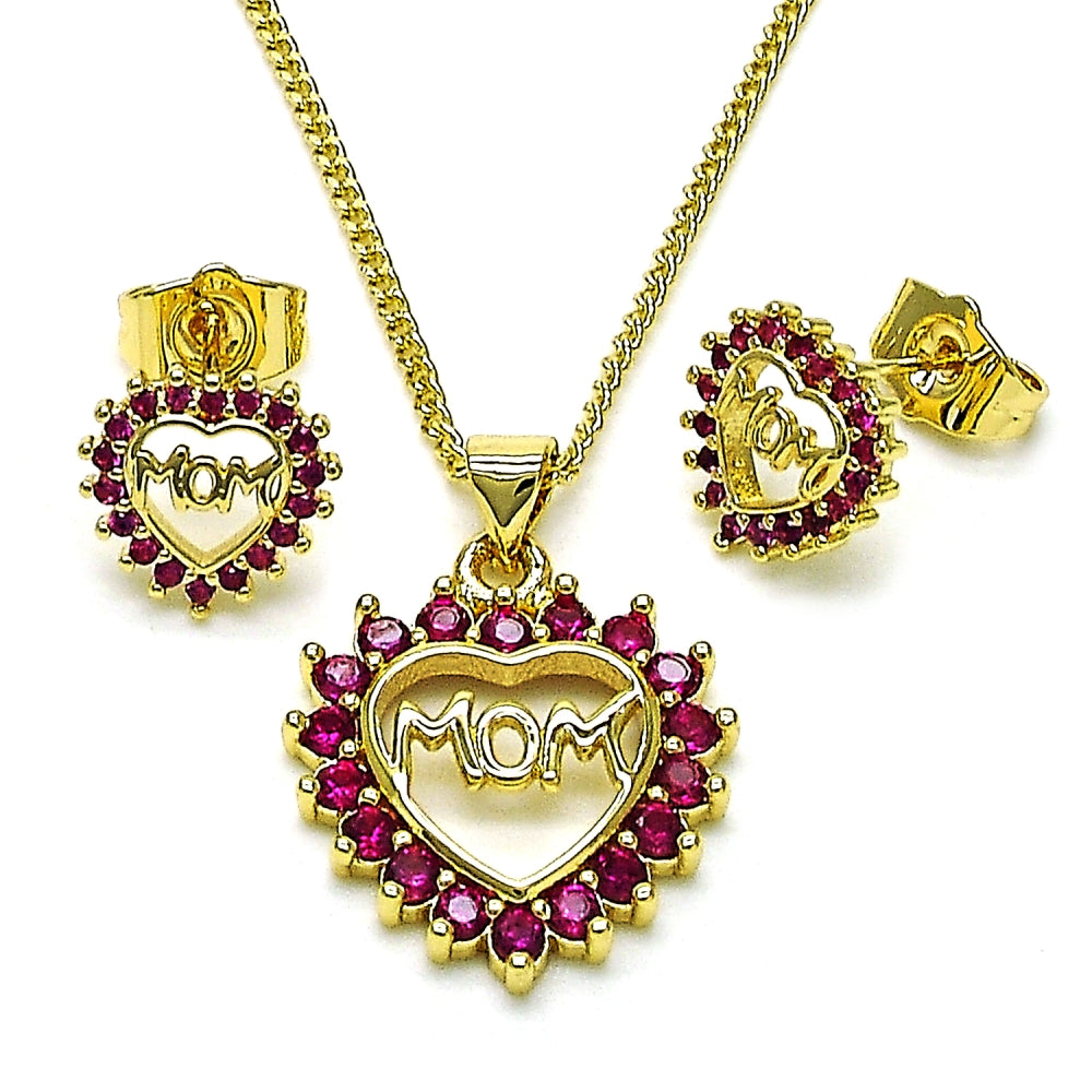 Oro Laminado Earring and Pendant Adult Set, Gold Filled Style Mom and Heart Design, with Ruby Cubic Zirconia, Polished, Golden Finish