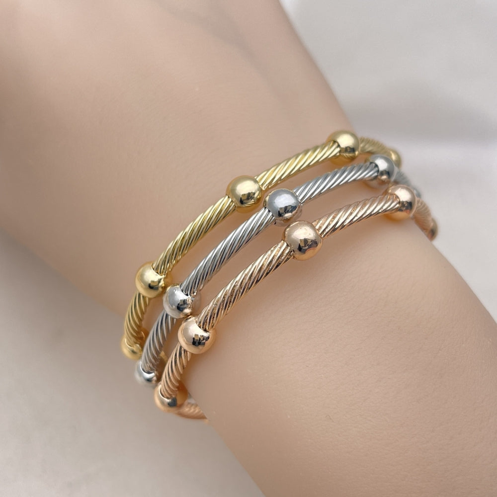 Oro Laminado Trio Bangle, Gold Filled Style Twist and Ball Design, Polished, Tricolor