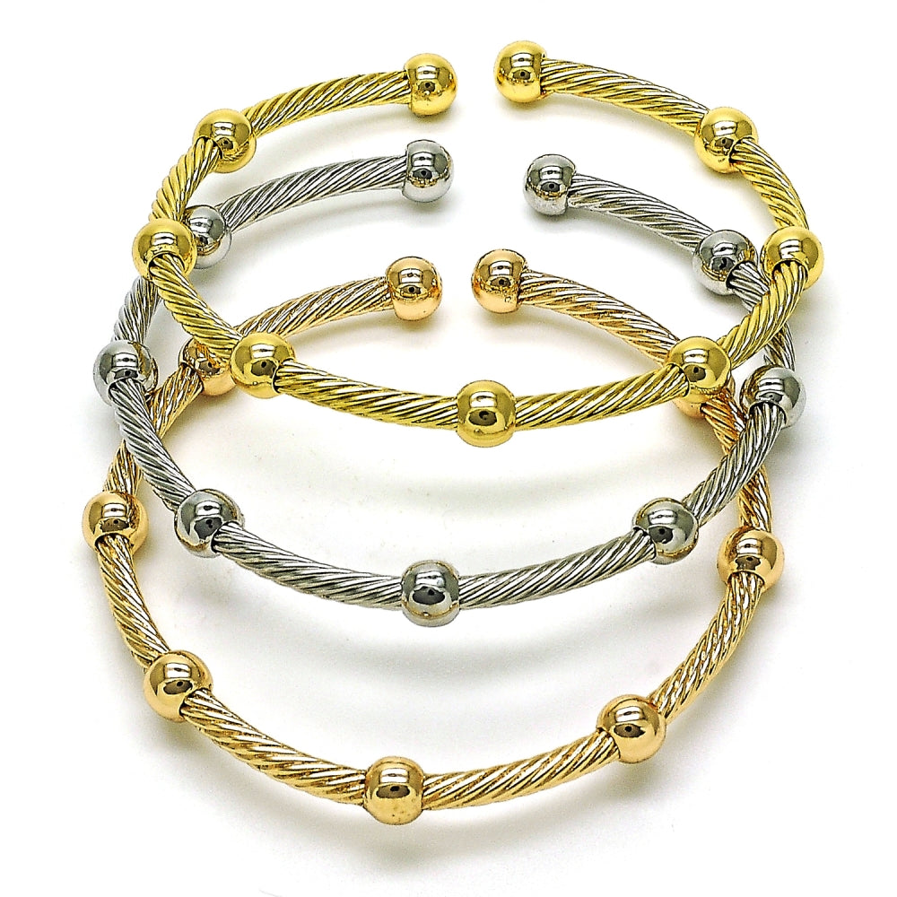 Oro Laminado Trio Bangle, Gold Filled Style Twist and Ball Design, Polished, Tricolor