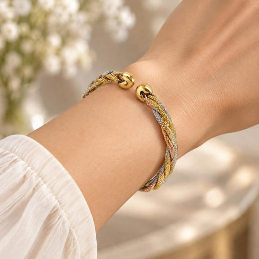 Oro Laminado Individual Bangle, Gold Filled Style Twist Design, Diamond Cutting Finish, Tricolor