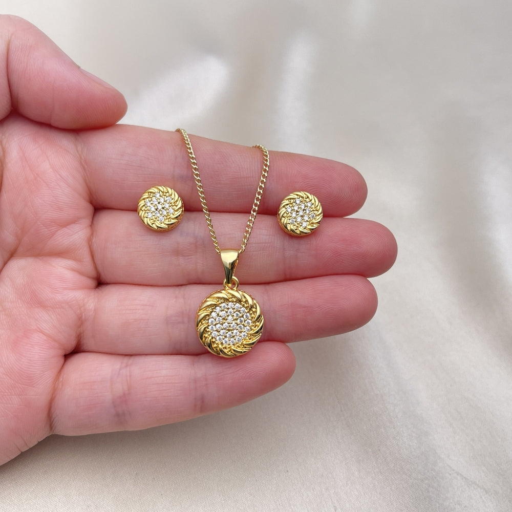 Oro Laminado Earring and Pendant Adult Set, Gold Filled Style Rope Design, with White Micro Pave, Polished, Golden Finish