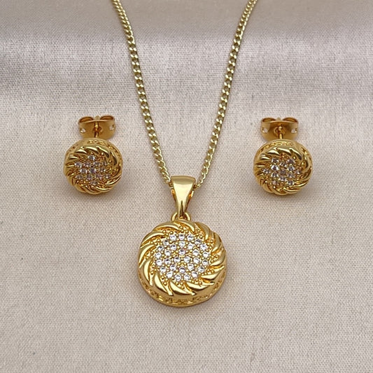 Oro Laminado Earring and Pendant Adult Set, Gold Filled Style Rope Design, with White Micro Pave, Polished, Golden Finish