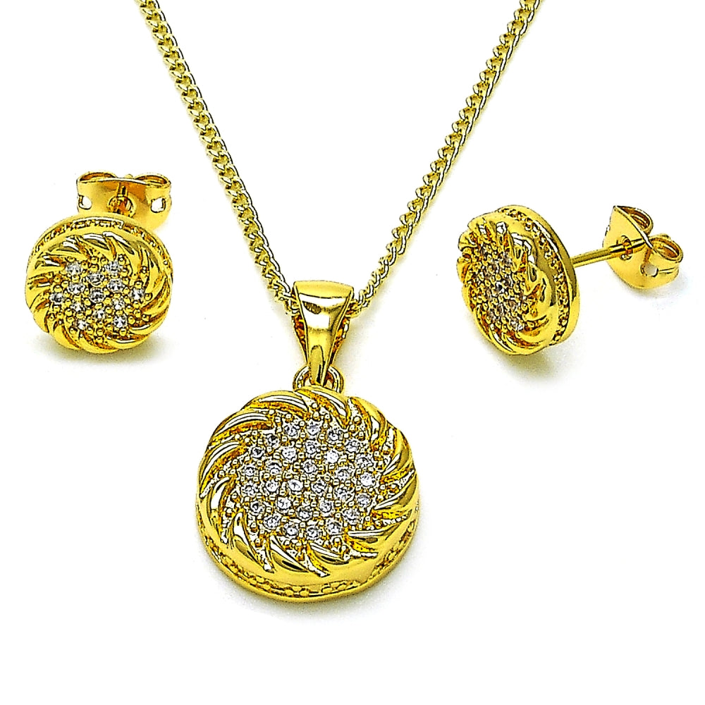 Oro Laminado Earring and Pendant Adult Set, Gold Filled Style Rope Design, with White Micro Pave, Polished, Golden Finish