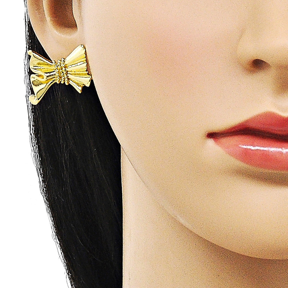 Oro Laminado Stud Earring, Gold Filled Style Bow Design, Polished, Golden Finish