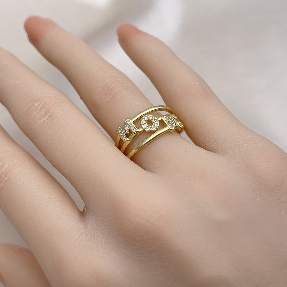 Oro Laminado Multi Stone Ring, Gold Filled Style Mom Design, with White Micro Pave, Polished, Golden Finish