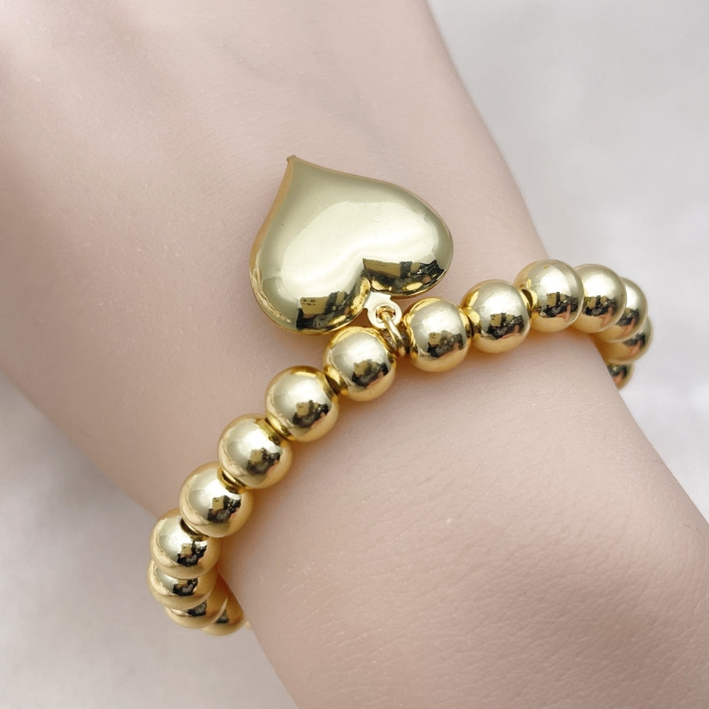 Oro Laminado Fancy Bracelet, Gold Filled Style Heart and Ball Design, Polished, Golden Finish