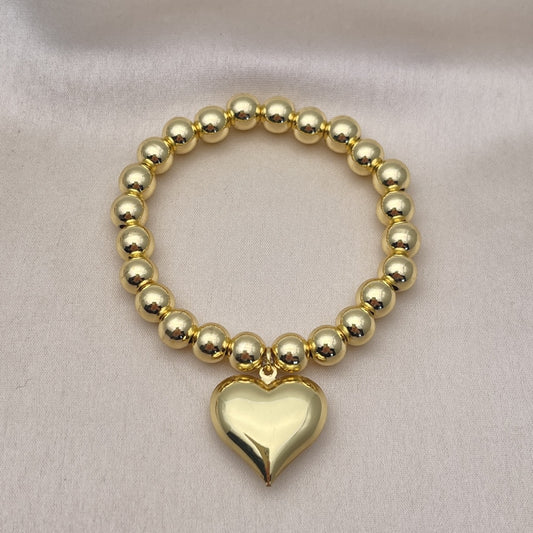 Oro Laminado Fancy Bracelet, Gold Filled Style Heart and Ball Design, Polished, Golden Finish
