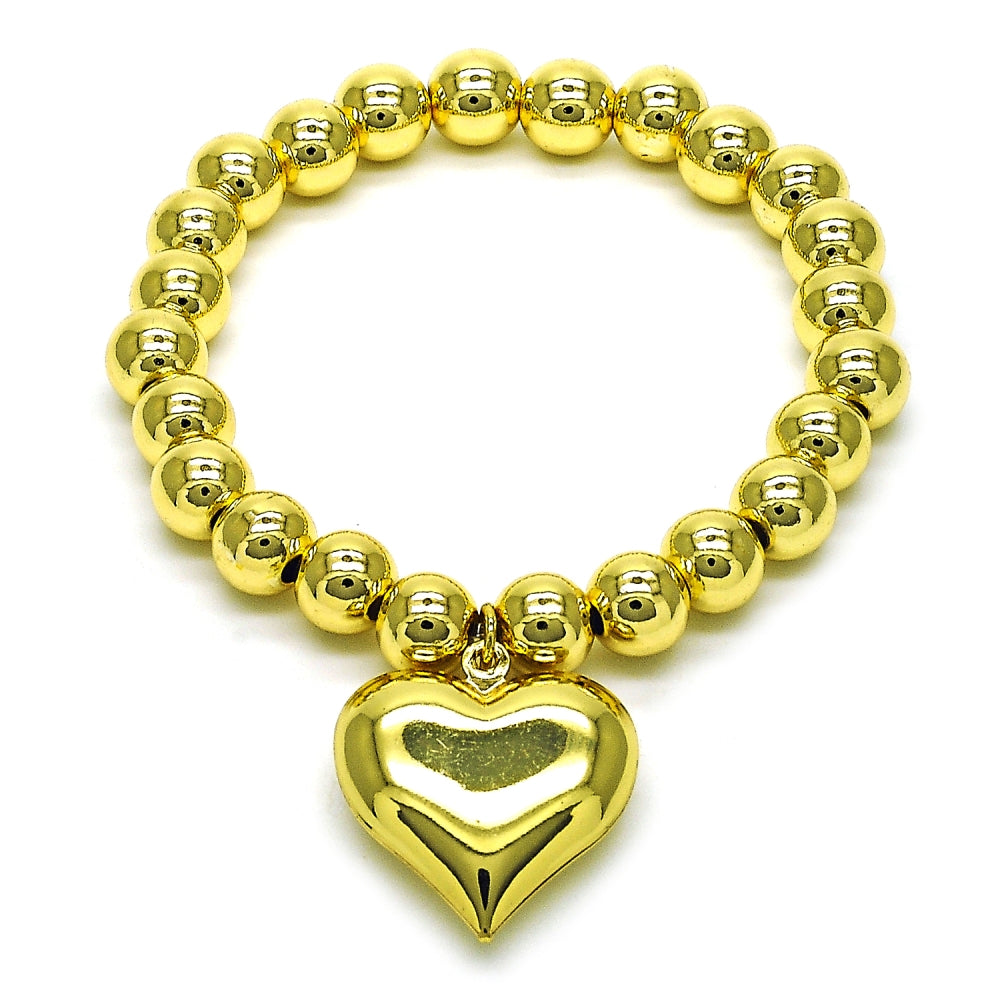 Oro Laminado Fancy Bracelet, Gold Filled Style Heart and Ball Design, Polished, Golden Finish
