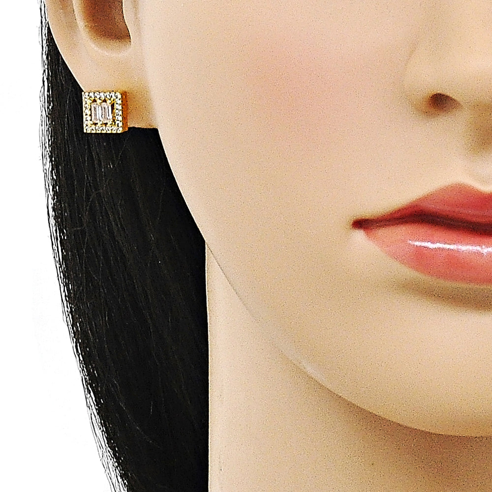 Oro Laminado Stud Earring, Gold Filled Style Baguette Design, with White Cubic Zirconia and White Micro Pave, Polished, Golden Finish