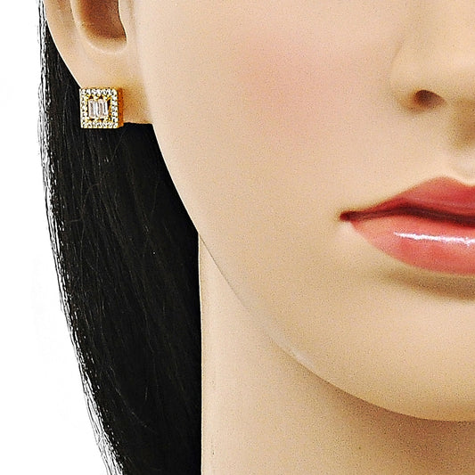 Oro Laminado Stud Earring, Gold Filled Style Baguette Design, with White Cubic Zirconia and White Micro Pave, Polished, Golden Finish
