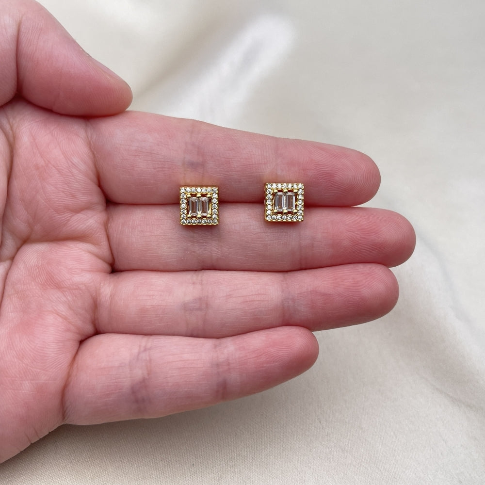 Oro Laminado Stud Earring, Gold Filled Style Baguette Design, with White Cubic Zirconia and White Micro Pave, Polished, Golden Finish