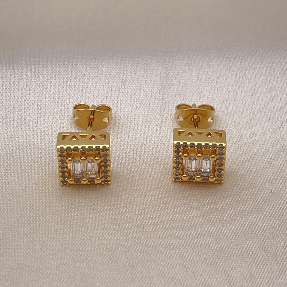 Oro Laminado Stud Earring, Gold Filled Style Baguette Design, with White Cubic Zirconia and White Micro Pave, Polished, Golden Finish