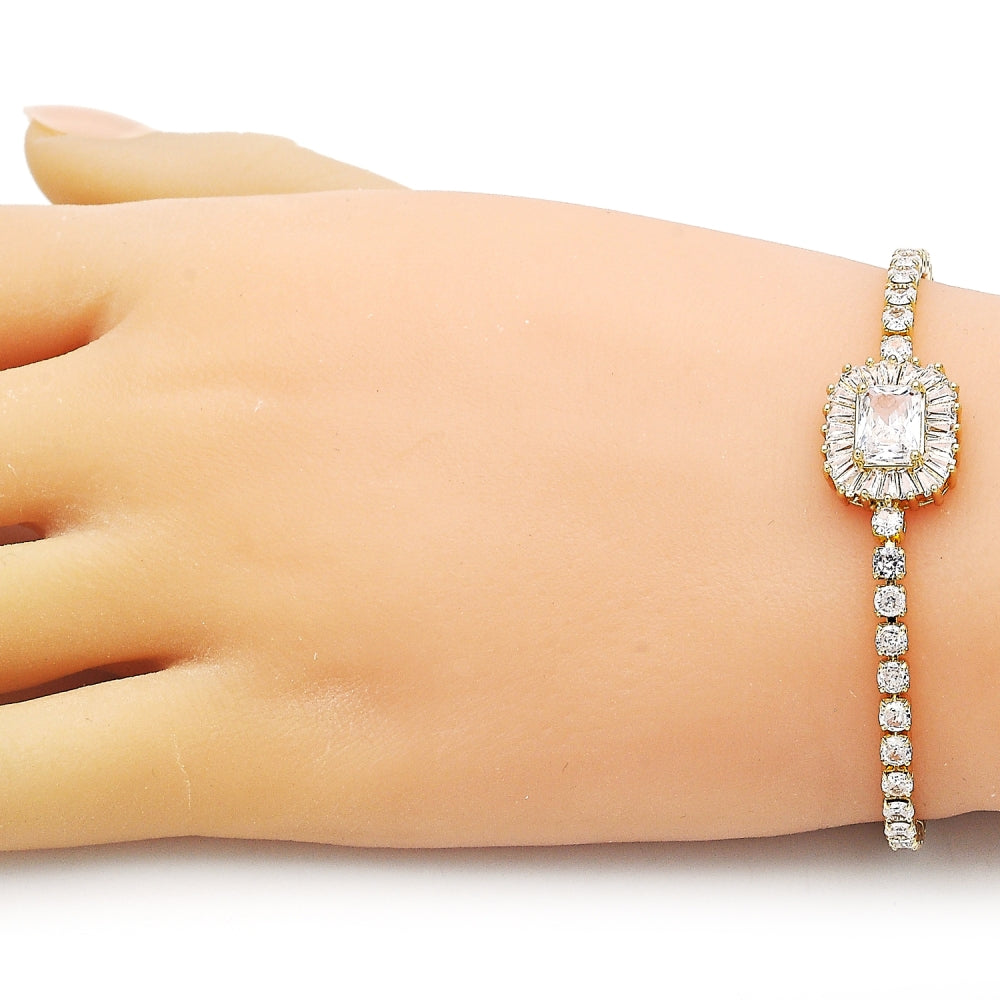 Oro Laminado Tennis Bracelet, Gold Filled Style Cluster and Baguette Design, with White Cubic Zirconia, Polished, Golden Finish