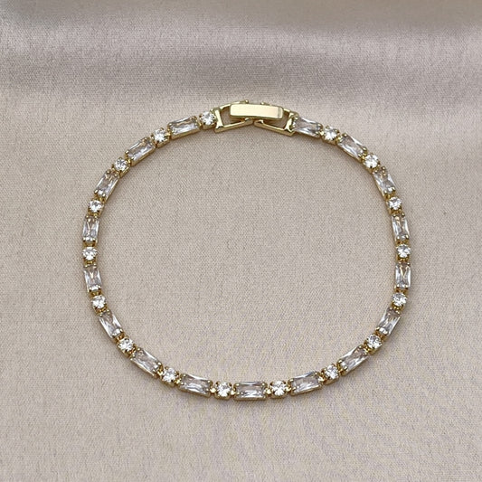 Oro Laminado Tennis Bracelet, Gold Filled Style Baguette Design, with White Cubic Zirconia, Polished, Golden Finish
