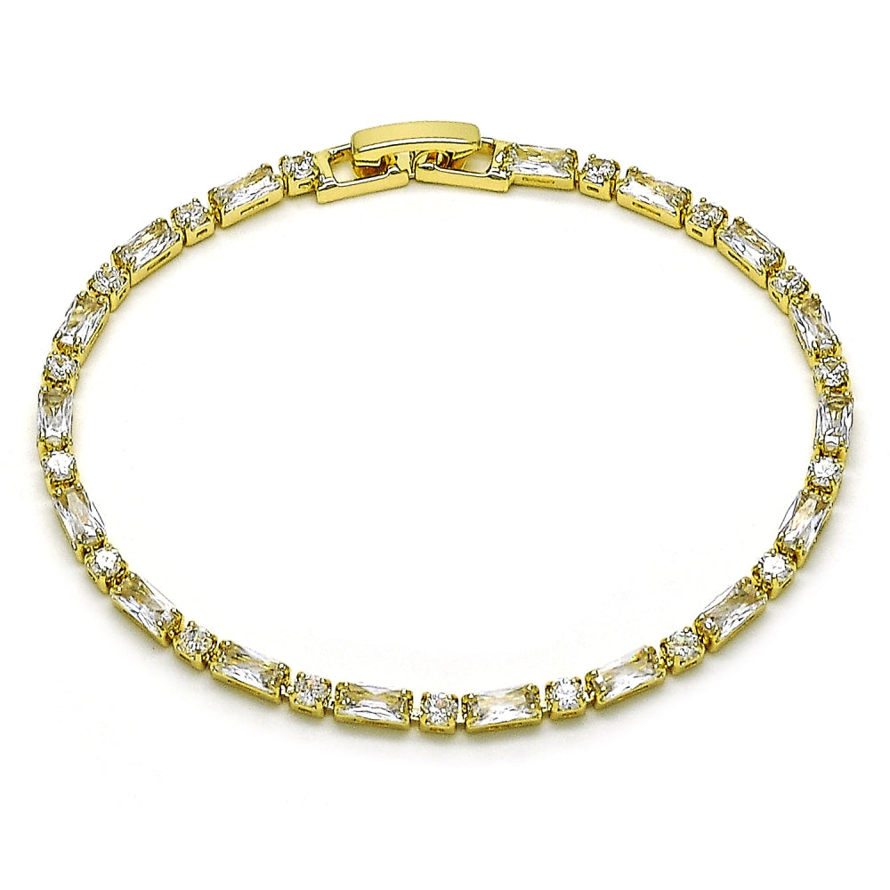 Oro Laminado Tennis Bracelet, Gold Filled Style Baguette Design, with White Cubic Zirconia, Polished, Golden Finish
