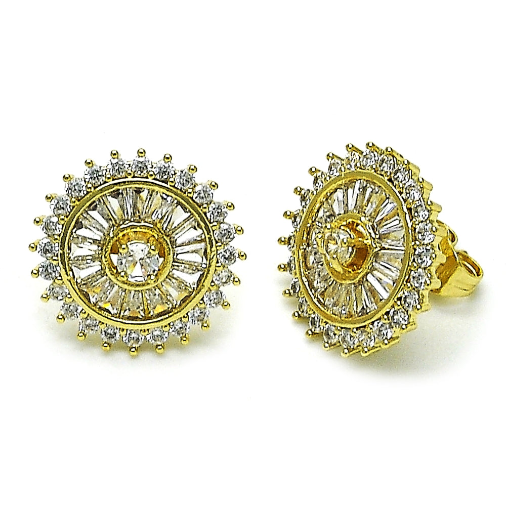 Oro Laminado Stud Earring, Gold Filled Style Cluster and Baguette Design, with White Cubic Zirconia, Polished, Golden Finish