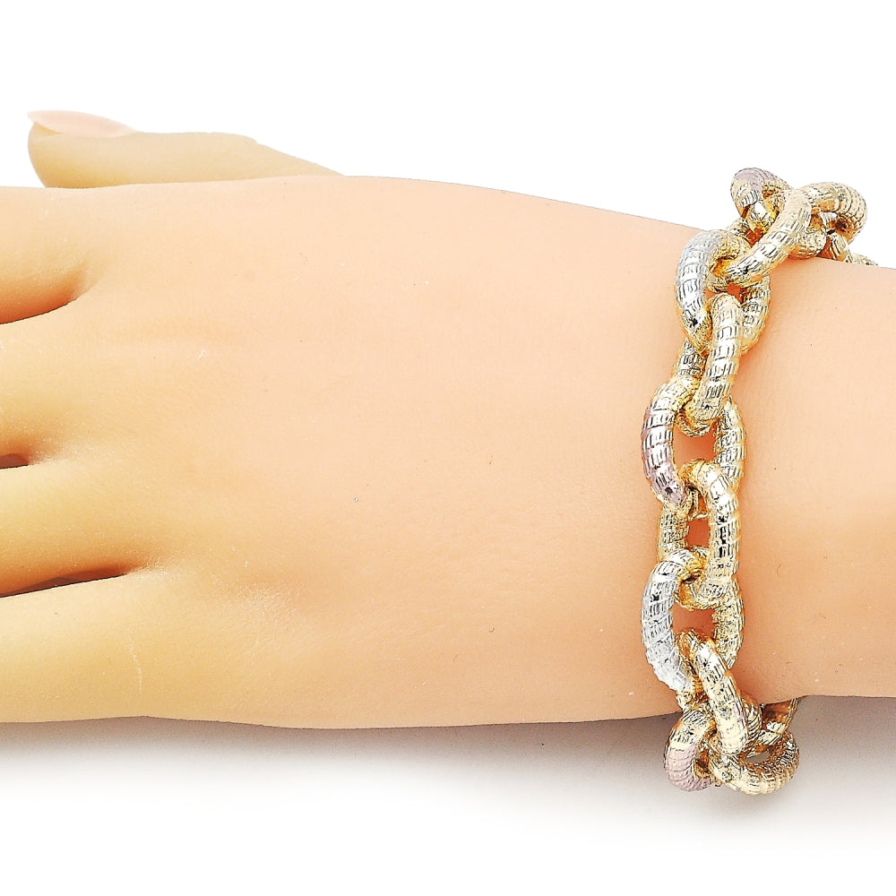 Oro Laminado Fancy Bracelet, Gold Filled Style Rolo Design, Diamond Cutting Finish, Tricolor