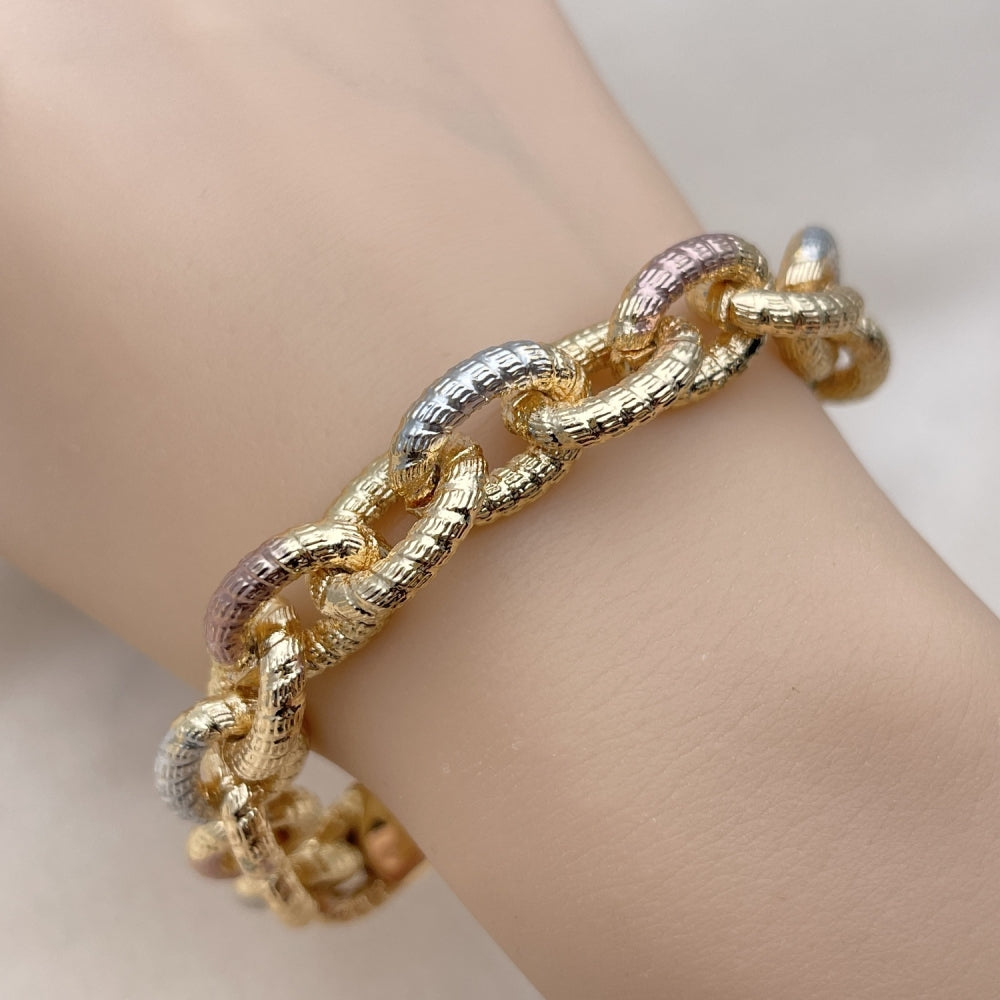 Oro Laminado Fancy Bracelet, Gold Filled Style Rolo Design, Diamond Cutting Finish, Tricolor