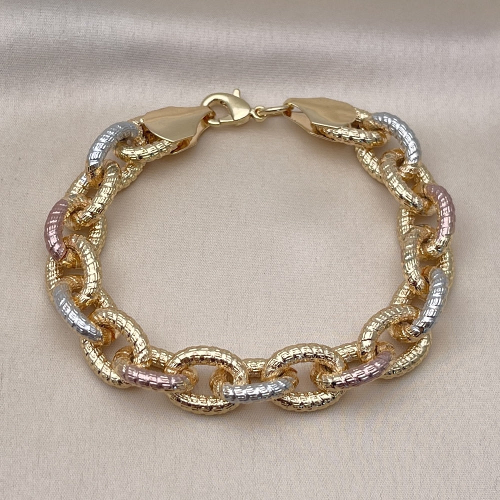 Oro Laminado Fancy Bracelet, Gold Filled Style Rolo Design, Diamond Cutting Finish, Tricolor