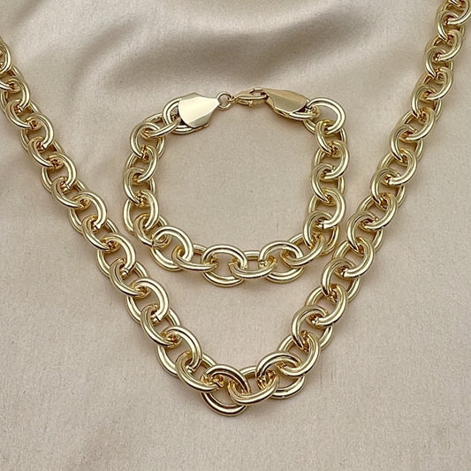 Oro Laminado Necklace and Bracelet, Gold Filled Style Rolo Design, Polished, Golden Finish
