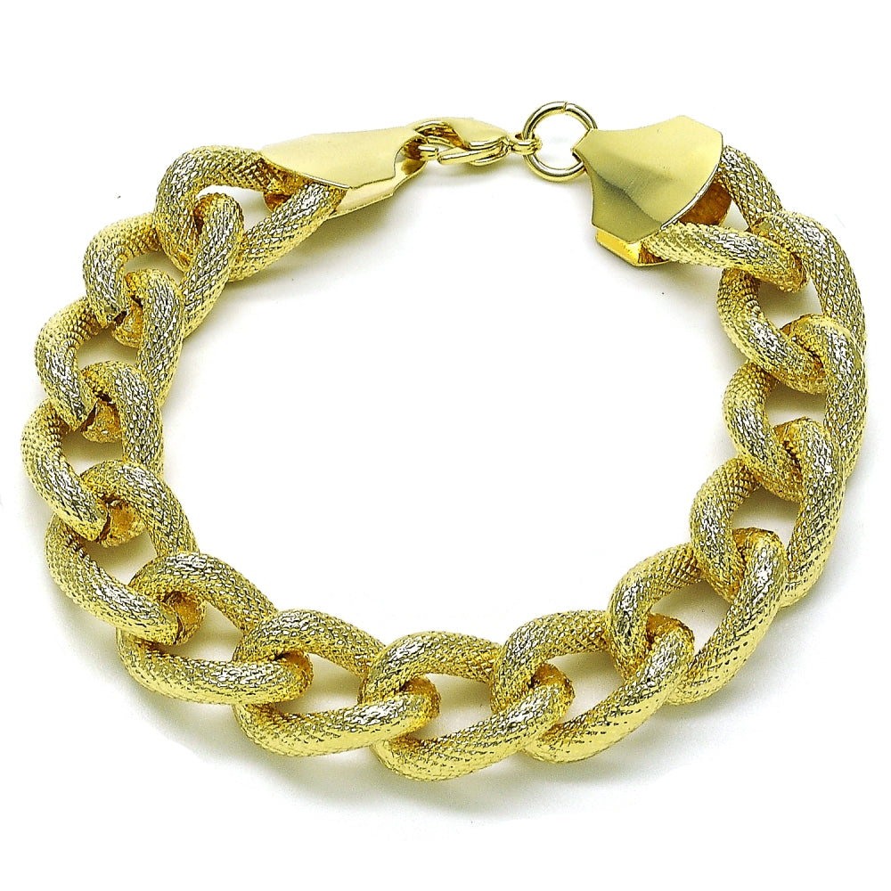 Oro Laminado Fancy Bracelet, Gold Filled Style Miami Cuban Design, Diamond Cutting Finish, Golden Finish