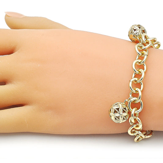 Oro Laminado Charm Bracelet, Gold Filled Style Ball and Rolo Design, Diamond Cutting Finish, Golden Finish
