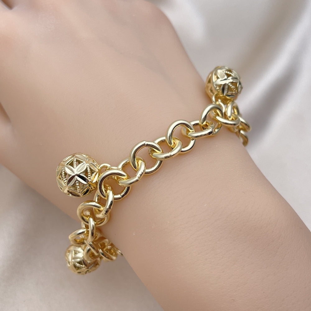 Oro Laminado Charm Bracelet, Gold Filled Style Ball and Rolo Design, Diamond Cutting Finish, Golden Finish